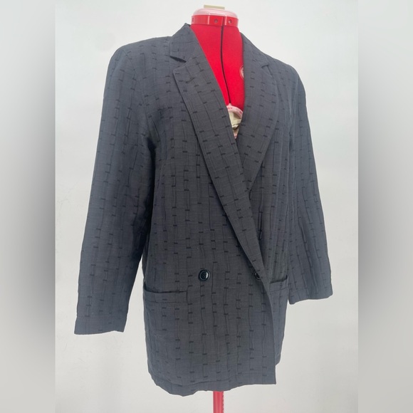 1980s VTG Escada Designer Dark Gray Textured Print Blazer - Picture 3 of 11